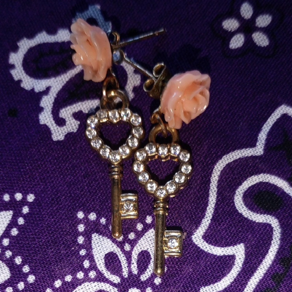 Betsey Johnson Gold and Pink Key Earrings